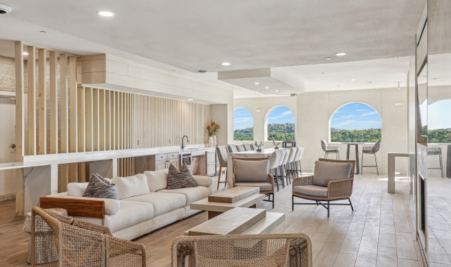 Lavella Lounge entertainment kitchen and lounge with fireplace and TV